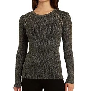 Black and Gold BCX Ribbed Braided-Shoulder Metallic-Thread Sweater.